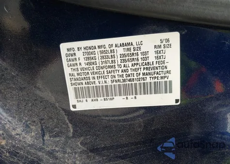 2006 Honda Odyssey Ex-L from USA, damaged, VIN 5FNRL38746B102767